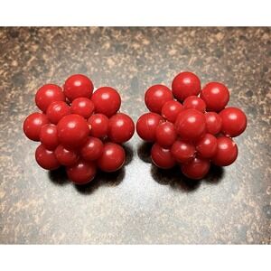 Vintage Hong Kong Red Clustered Berry Red Clip-on Earrings Signed